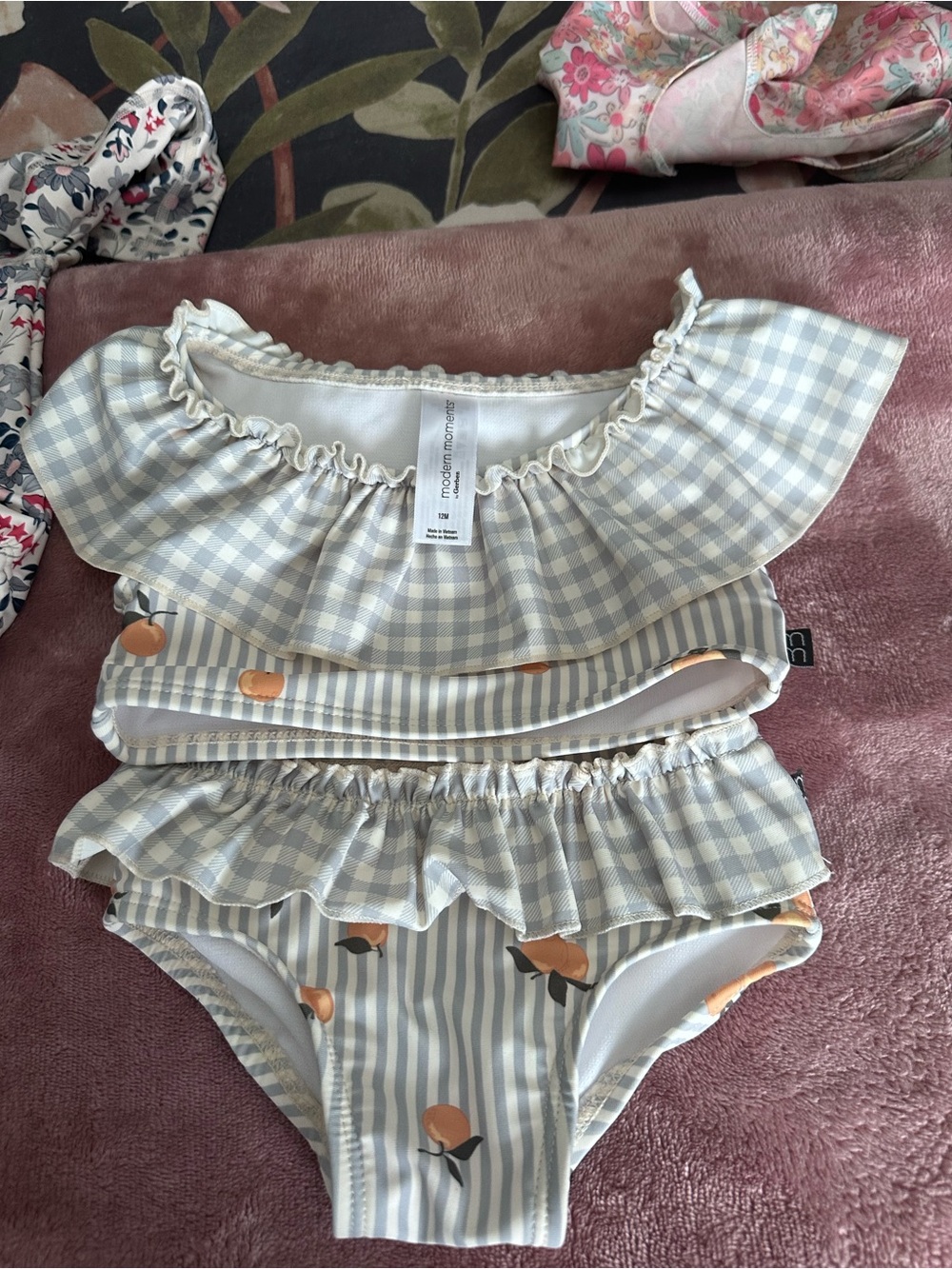 Gerber Light Blue and White Gingham Ruffle Two-Piece Swim Set with Peach Print